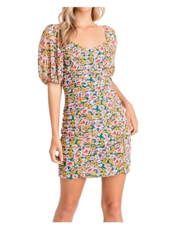 Lush Dresses & Skirts - Lush Floral Mini Dress Green Pink Floral Ruched Bodycon Feminine Size M